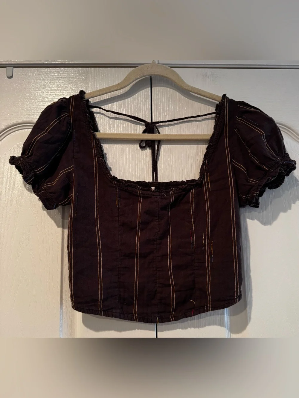 Free People Brown Striped Square-Neck Puff Sleeve Blouse - Size XS